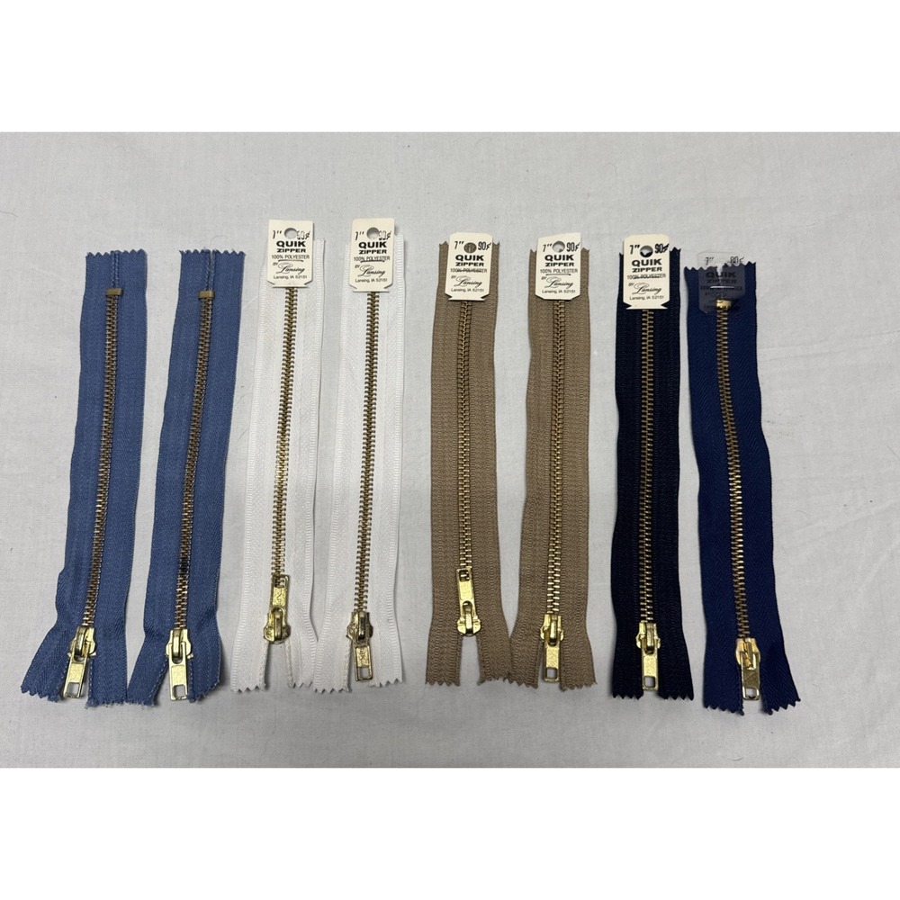 Lot of 8 New Vintage Quik Zippers by Lansing White Blue Tan Metal